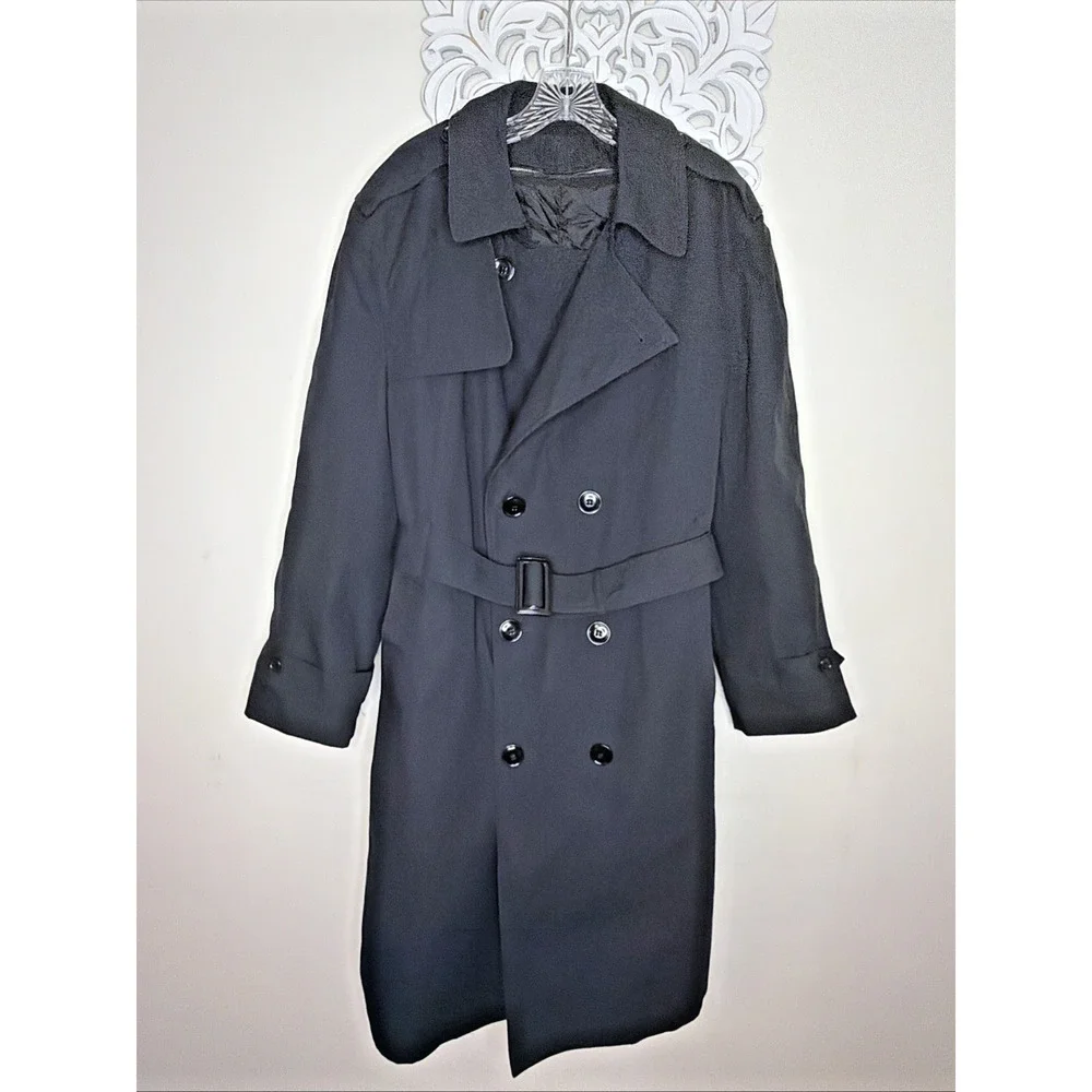 Men's Black Trench Coat 42S Double Breasted Removable Zip Liner All Weather Coat